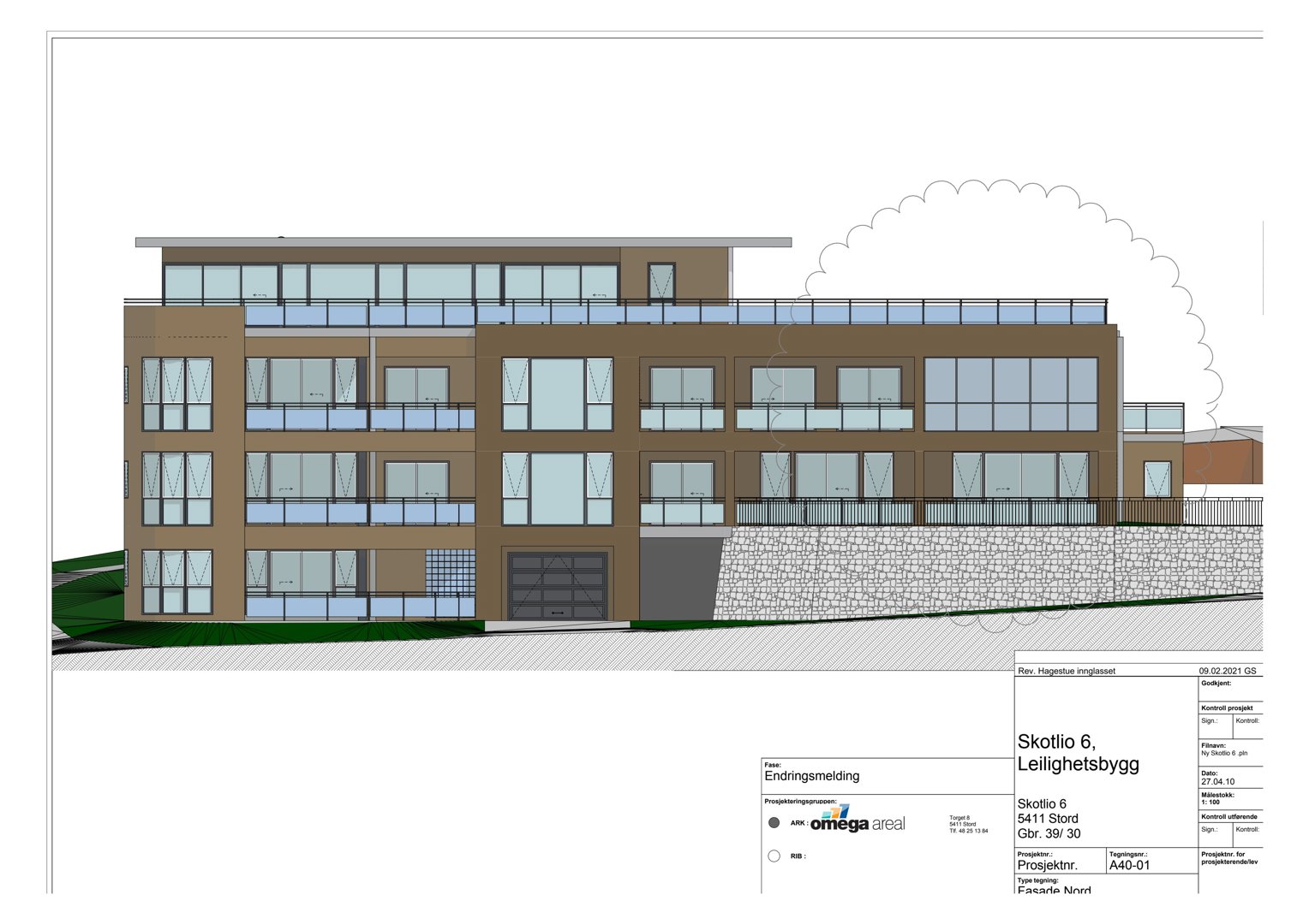 Fasadetegning av et fleretasjers leilighetsbygg (Skotlio 6) med visuell fremstilling av fasadebelegg, vinduer og balkonger.