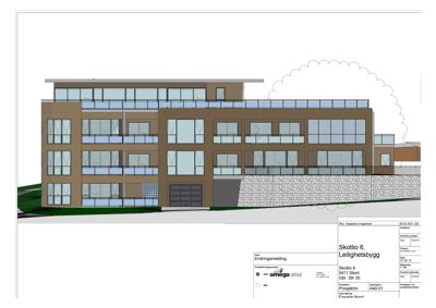 Fasadetegning av et fleretasjers leilighetsbygg (Skotlio 6) med visuell fremstilling av fasadebelegg, vinduer og balkonger.