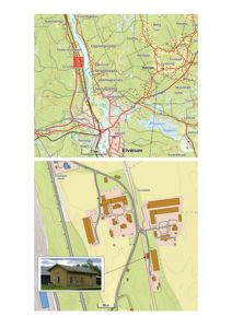 Bildet viser to kart: øverst en oversiktskart over Elverum med et rødt felt som markerer et område, og nederst en detaljert situasjonsplan med bygninger og en innfelt foto av en bygning.