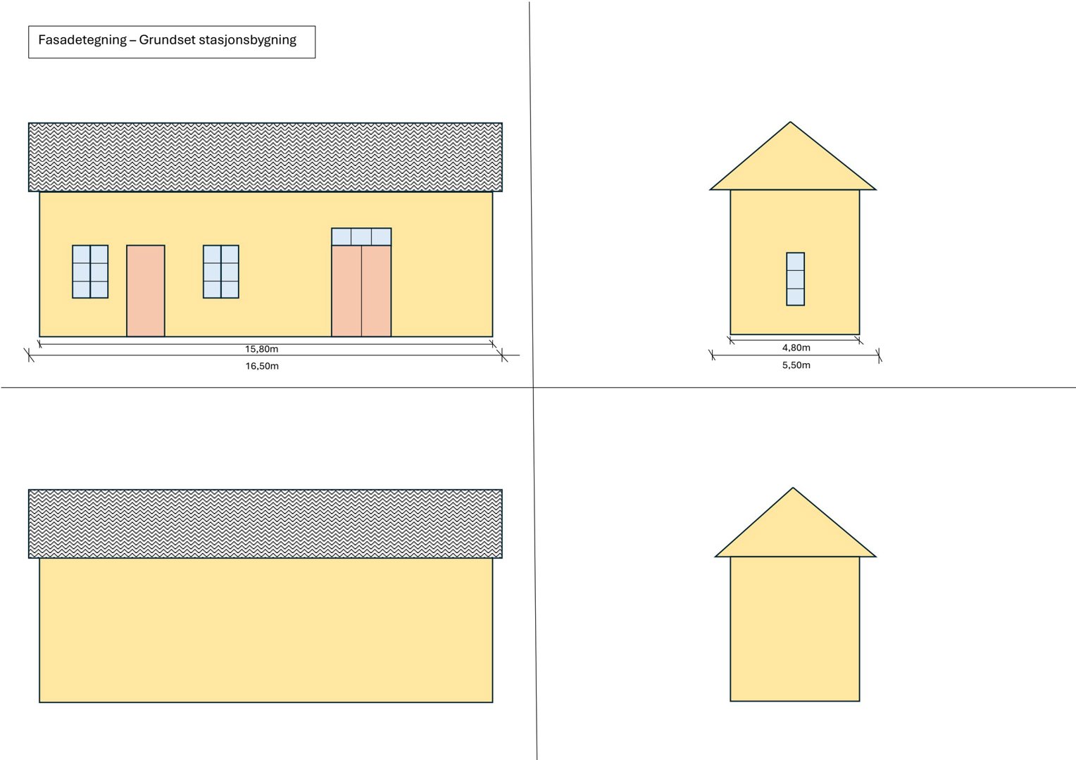 Fasadetegning som viser front- og sideutsikt av en bygning med mål og detaljer.