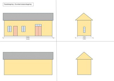 Fasadetegning som viser front- og sideutsikt av en bygning med mål og detaljer.