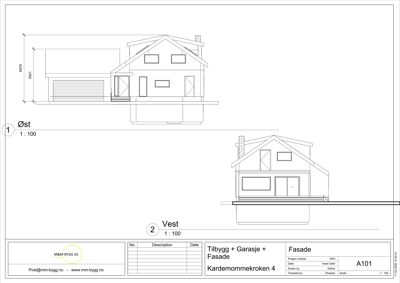 Fasadetegning som viser bygningens utseende fra øst og vest med mål og detaljer.