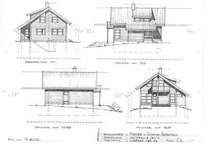 En håndtegnet fasadetegning som viser bygningens utsyn fra fire sider (øst, syd, nord og vest).
