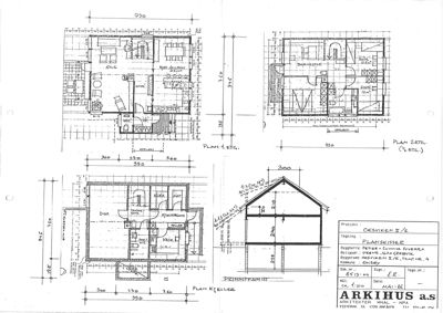 Bildet viser en tegning med flere etasjeplaner (Plan 1. E.T.G., Plan 2. E.T.G., Plan Kjeller) og et prinsippnitt for bygningen 'OESVIKEN II/E'.