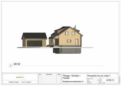 3D-perspektivtegning (rendering) av en planlagt bolig med garasje sett fra vinkel 1.