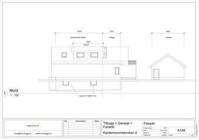 Fasadetegning som viser bygningens utseende sett fra nord, med mål på eksisterende fasade, tilbygg og garasje.