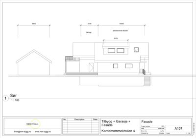 Fasadetegning som viser bygningens utseende sett fra sør, med angitte mål for eksisterende og nytt tilbygg.