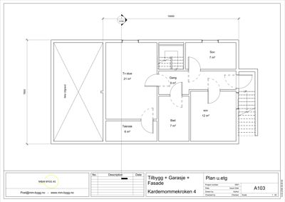 Etasjeplan (Plan u.etg) som viser romfordeling, dimensjoner og plassering av dører for en tilbyggelse.