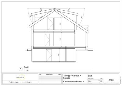 Snittegning (snitt 1) som viser tverrsnittet av en bygning med mål på høyder og takkonstruksjon.