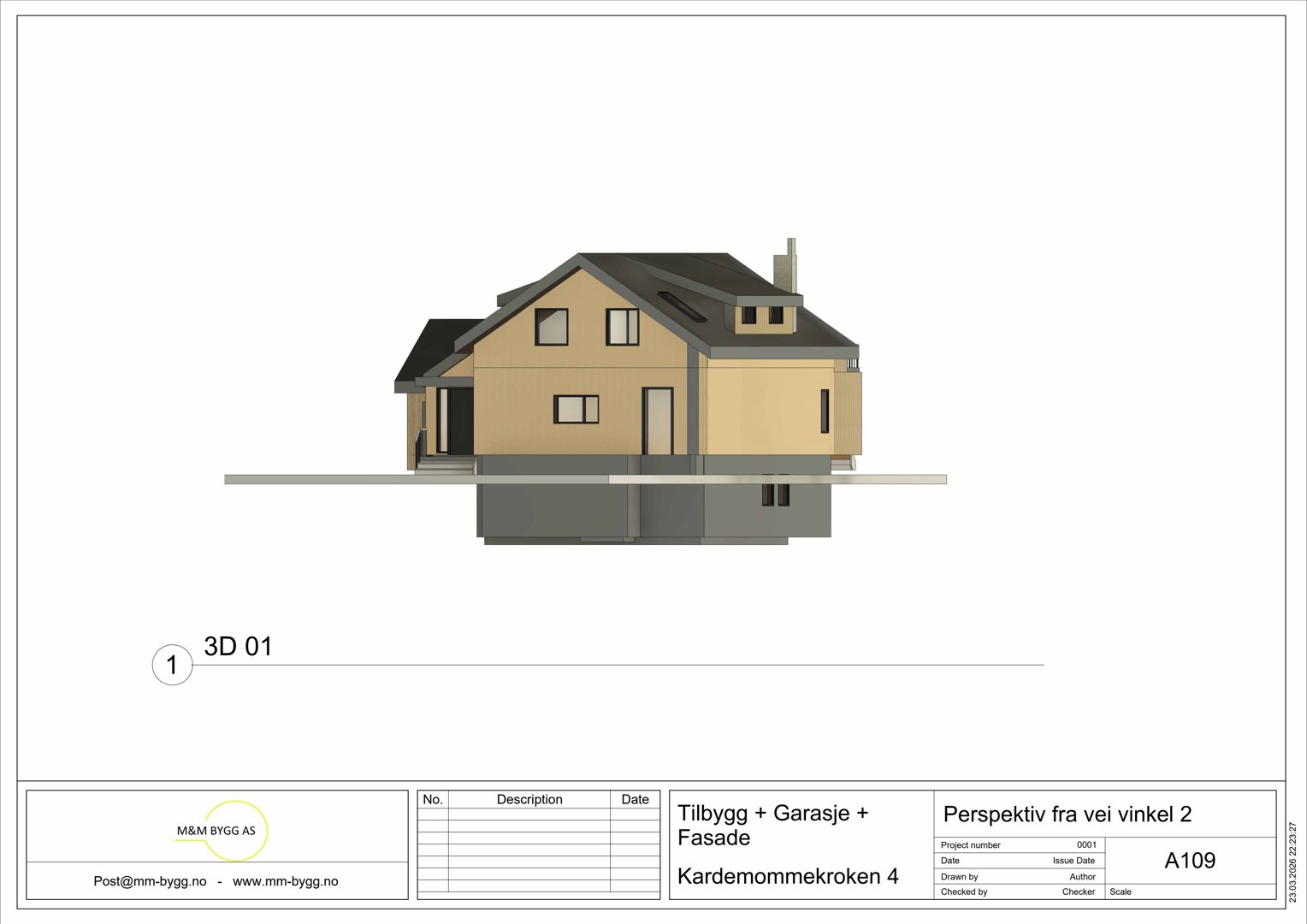 3D-visualisering (rendering) av en husfasade sett fra en bestemt vinkel.