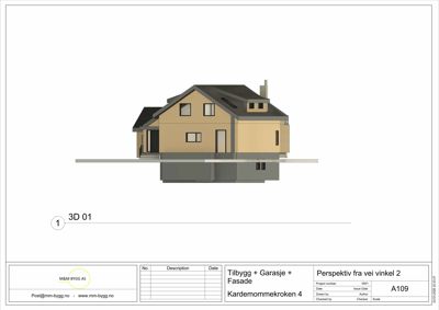 3D-visualisering (rendering) av en husfasade sett fra en bestemt vinkel.