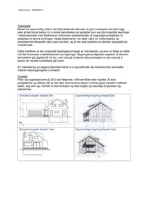 Bildet viser en byggesakssak med tekst om takoppsett og fasader. Under teksten er det fire tegninger som viser fasadeoppsett for bygningen sett fra øst og vest, både for det omsøkte prosjektet og de opprinnelige tegningene.