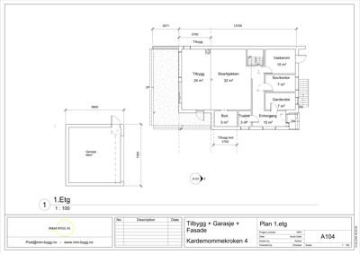 Etasjeplan (1. etg) som viser romfordeling, arealer og plassering av garasje.