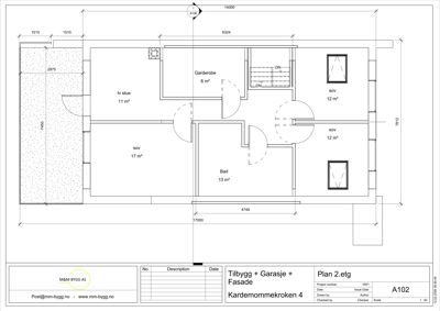 Etasjeplan (Plan 2.etg) som viser romfordeling, arealer og plassering av dører for et tilbygg med garasje.