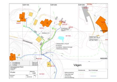 Kart over et område med bygningsplasseringer, infrastruktur (VA-ledninger) og topografi.