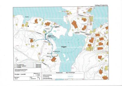 Situasjonsplan (Vå-plan) som viser bygningers plassering, vei- og vannforhold i området.