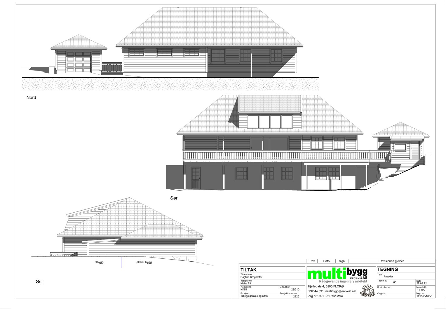Fasadetegning som viser bygningens utseende fra tre sider (Nord, Sør, Øst).