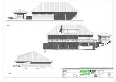 Fasadetegning som viser bygningens utseende fra tre sider (Nord, Sør, Øst).