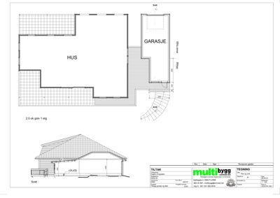Etasjeplan (2. etasje) med romfordeling (HUS, GARASJE), dimensjoner og en snittegning av fasaden.