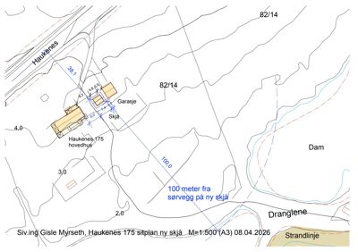 Situasjonsplan som viser tomtens form, eksisterende bygninger (Haukenes 175 hovedhus, Garasje), og planlagt ny skjø. Planen inkluderer høydekurver, avstandsmålinger og nabolagsgrenser.