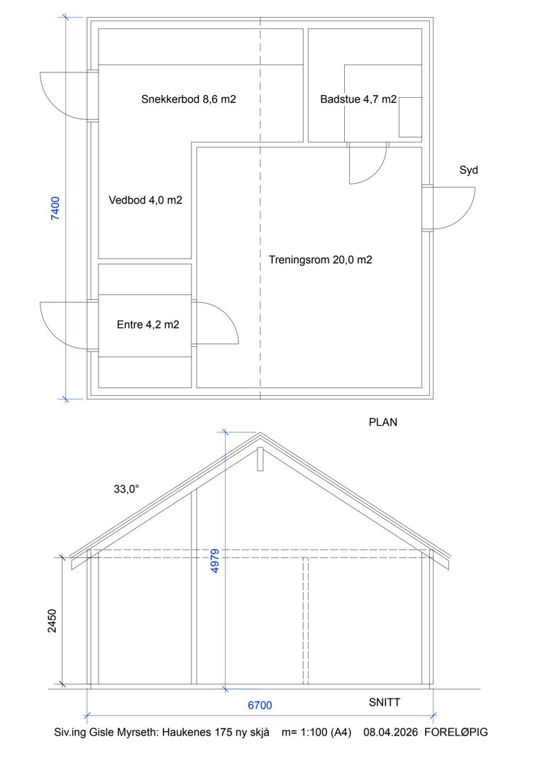 Bildet viser en etasjeplan (PLAN) med romfordeling og mål, samt en snittegning (SNITT) av bygningen.