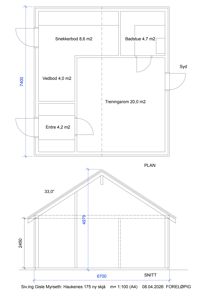 Bildet viser en etasjeplan (PLAN) med romfordeling og mål, samt en snittegning (SNITT) av bygningen.