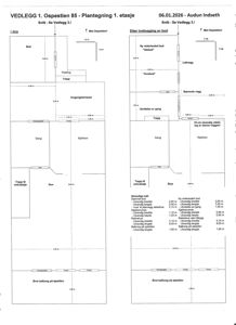 Plantegning av 1. etasje som viser romfordeling før og etter innbygging av en bod.