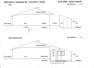 Tverrsnitttegning av en bygning (Ospestien 85) som viser romfordeling, høyder og takvinkel.