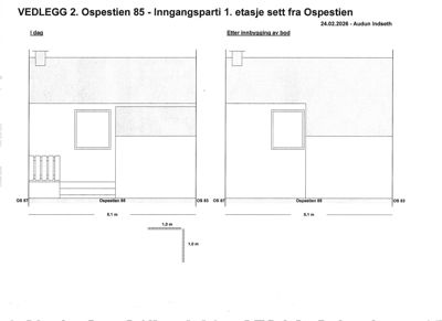 Etasjeplan som viser inngangsparti på 1. etasje, med to tilstander: 'I dag' og 'Etter innbygging av bod'.