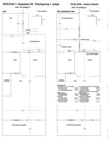 Snittegning av 1. etasje i Ospestien 85, som viser romfordeling og mål.