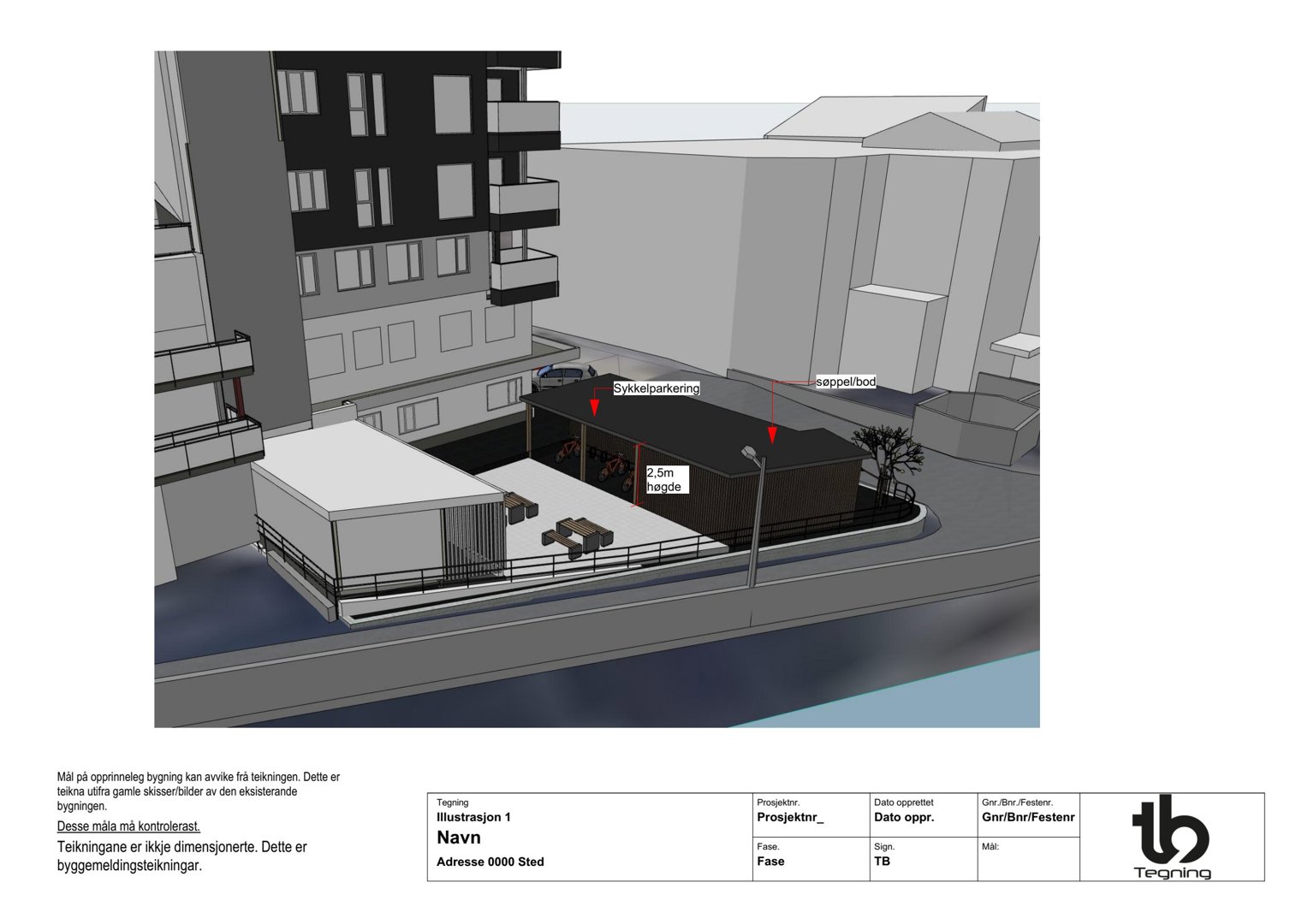 3D-visualisering (rendering) av en bygning med omgivende bygningsmasse. Bildet viser fasade, volum og plassering i forhold til nabobebyggelse.