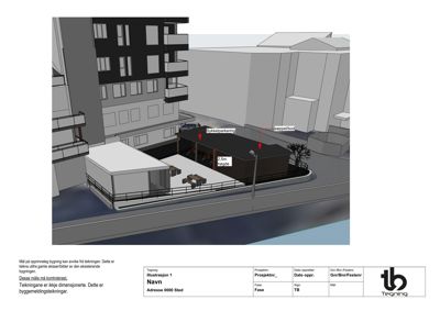 3D-visualisering (rendering) av en bygning med omgivende bygningsmasse. Bildet viser fasade, volum og plassering i forhold til nabobebyggelse.
