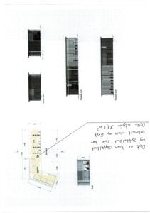 Bildet viser en tegning med oppriss av fasader (vest, øst, nord, sør) og en snittgjenstand (Snitt) med mål og tekstnotater om areal og BYA.