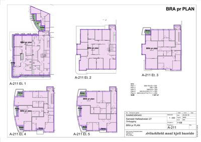 Plantegning som viser romfordeling og arealoppdeling for ulike etasjer (Et. 1 til Et. 5) av en bygning.