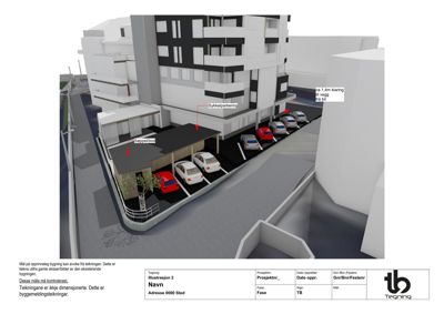 3D-visualisering (rendering) av en bygning med omgivende parkeringsplasser, sykkelstue og nabolag.