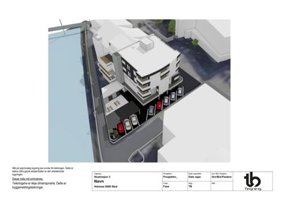 3D-visualisering (rendering) av en bygning sett fra en vinkel, med bilplasser og omgivelser.