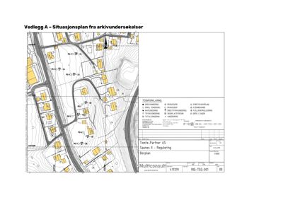 Situasjonsplan som viser tomtedeling, vegnett og eksisterende bebyggelse i et regulert område.