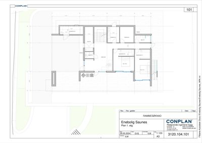 Etasjeplan (1. etg.) for enebolig Saunes med romfordeling, dører og trapp.