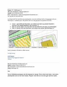 Bildet viser to situasjonsplaner (Illustrasjon 1 og 2) som illustrerer endringer i tilkomst og parkering for Stålhaugen 16.