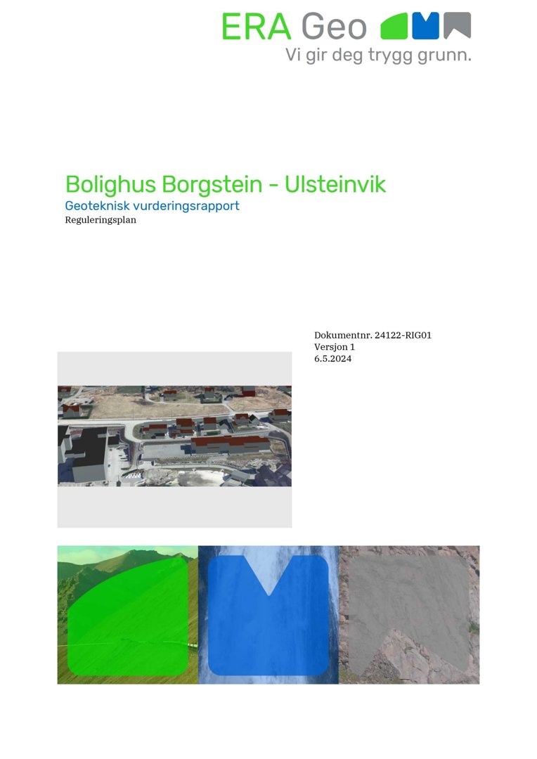 Dokumentets forsiden viser en geoteknisk vurderingsrapport for Bolighus Borgstein. Bildet inneholder et flyfoto av området og tre mindre illustrasjoner av grunntyper.