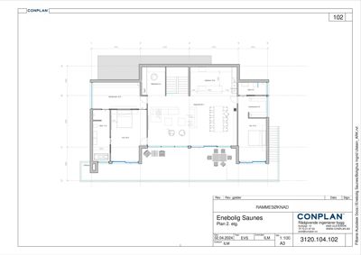 Etasjeplan (Plan 2. etg.) for enebolig i Saunes, som viser romfordeling, vegger og møblering.