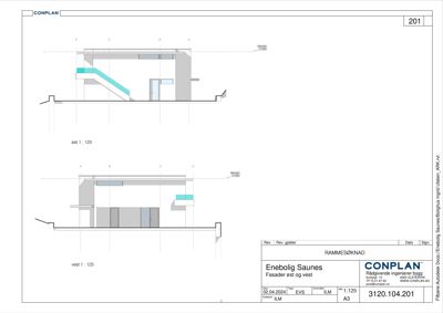 Fasadetegning som viser oppriss av fasader for en enebolig sett fra øst og vest.