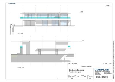 Fasadetegning som viser bygningens utseende sett fra nord og sør, inkludert vinduer, balkonger og høydeangivelser.