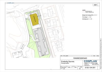 Situasjonsplan som viser tomtens grenser, nabobygninger, bebyggelse og arealopplysninger.