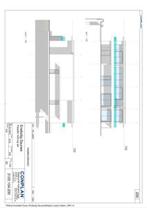 Fasadetegning som viser bygningens utseende sett fra nord og øst, inkludert vinduer, taklinjer og fasadefarger.