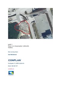 Bildet viser en situasjonsplan (satellittbilde) med en tomtegrense markert med rød linje. Teksten bekrefter at det er en 'Sener over situasjonsplan'.