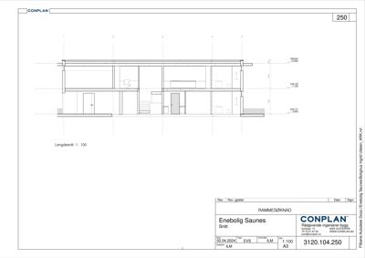 Lengdesnitt av enebolig Saunes med oppgitt høyder og romfordeling.