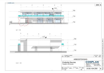 Fasadetegning som viser oppriss av bygningens nord- og sørfasade med detaljer om vinduer, dører og konstruksjon.