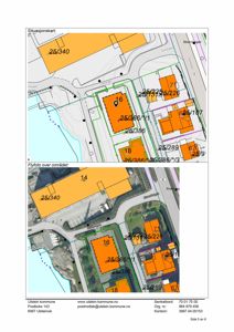 Bildet viser to kartutsnitt (situasjonskart og flyfoto) som illustrerer et byggeområde med eiendomsnummer, gater og bygningsplasseringer.