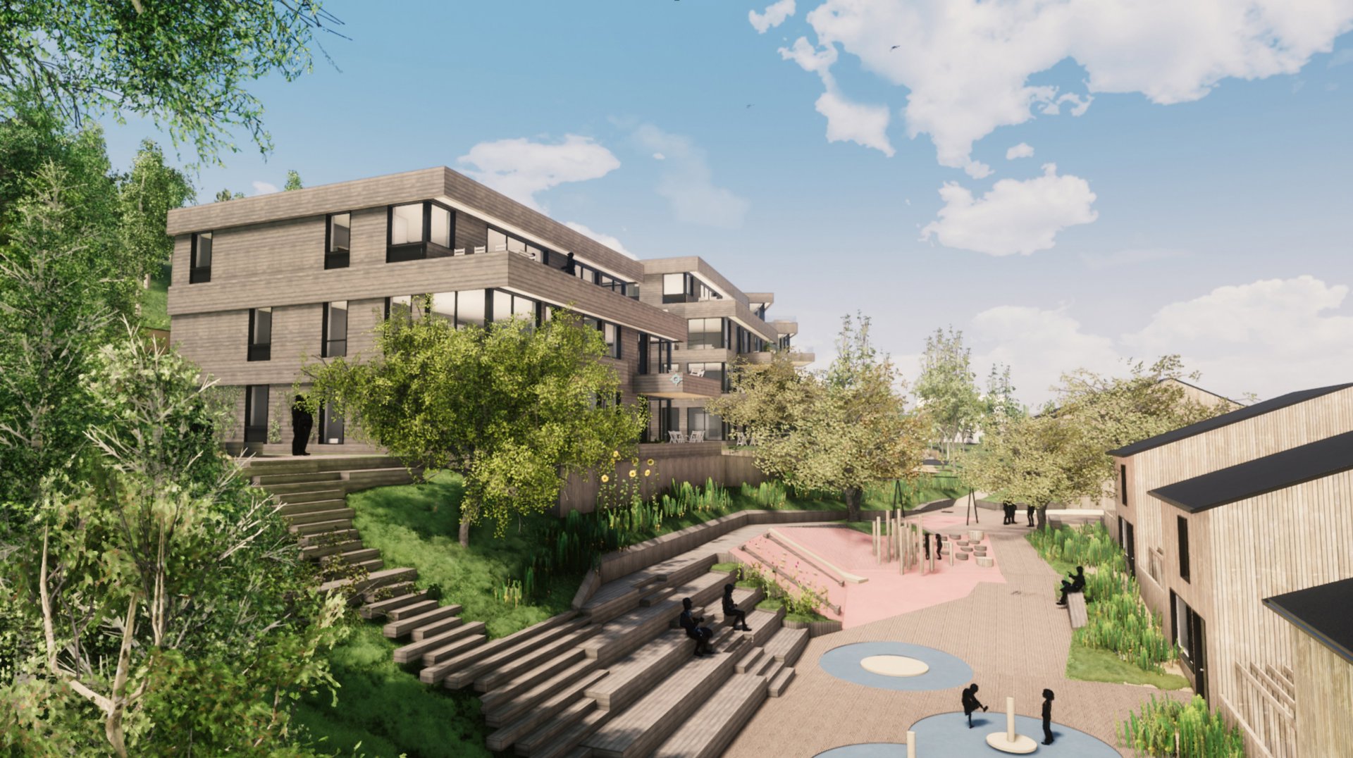 3D-visualisering av et planlagt bygg og omgivelsene, inkludert trapper, beplantning og uteområder.